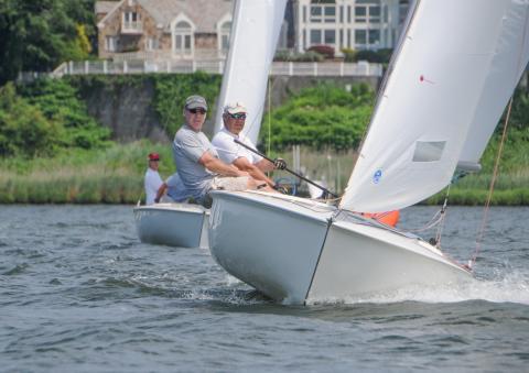 Skipper Dan Vought, at the helm, with crew Ted Duffy on the wind in race one of the MBC Full Moon Regatta.